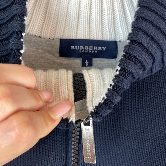 Burberry London B56 Cotton 1/4 Zip Striped Pullover Sweater Navy White Size L - Picture 3 of 11
